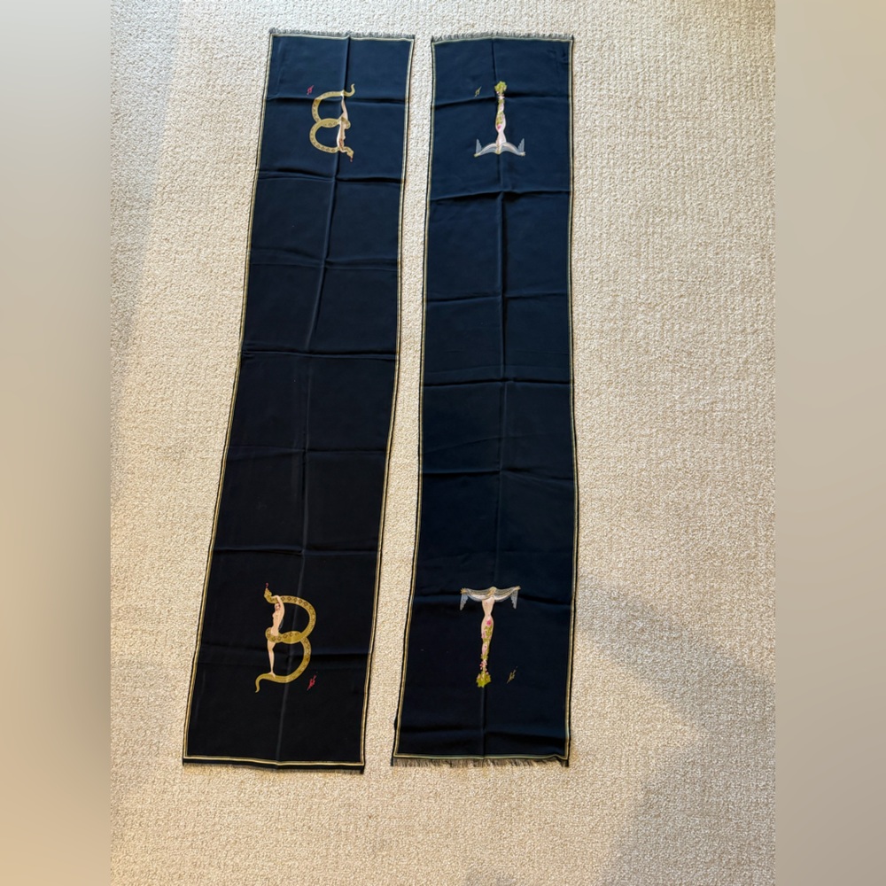 Erte Back/Gold Silk Scarf with Nude Women W/ Snake -Letter B & T (sold as set)